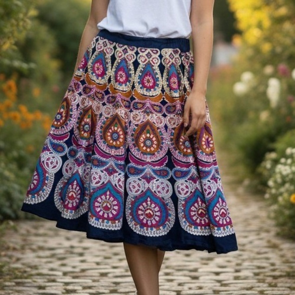 Studio West Skirt Women Large Navy Blue Paisley Cotton Midi Flared Boho Festival
